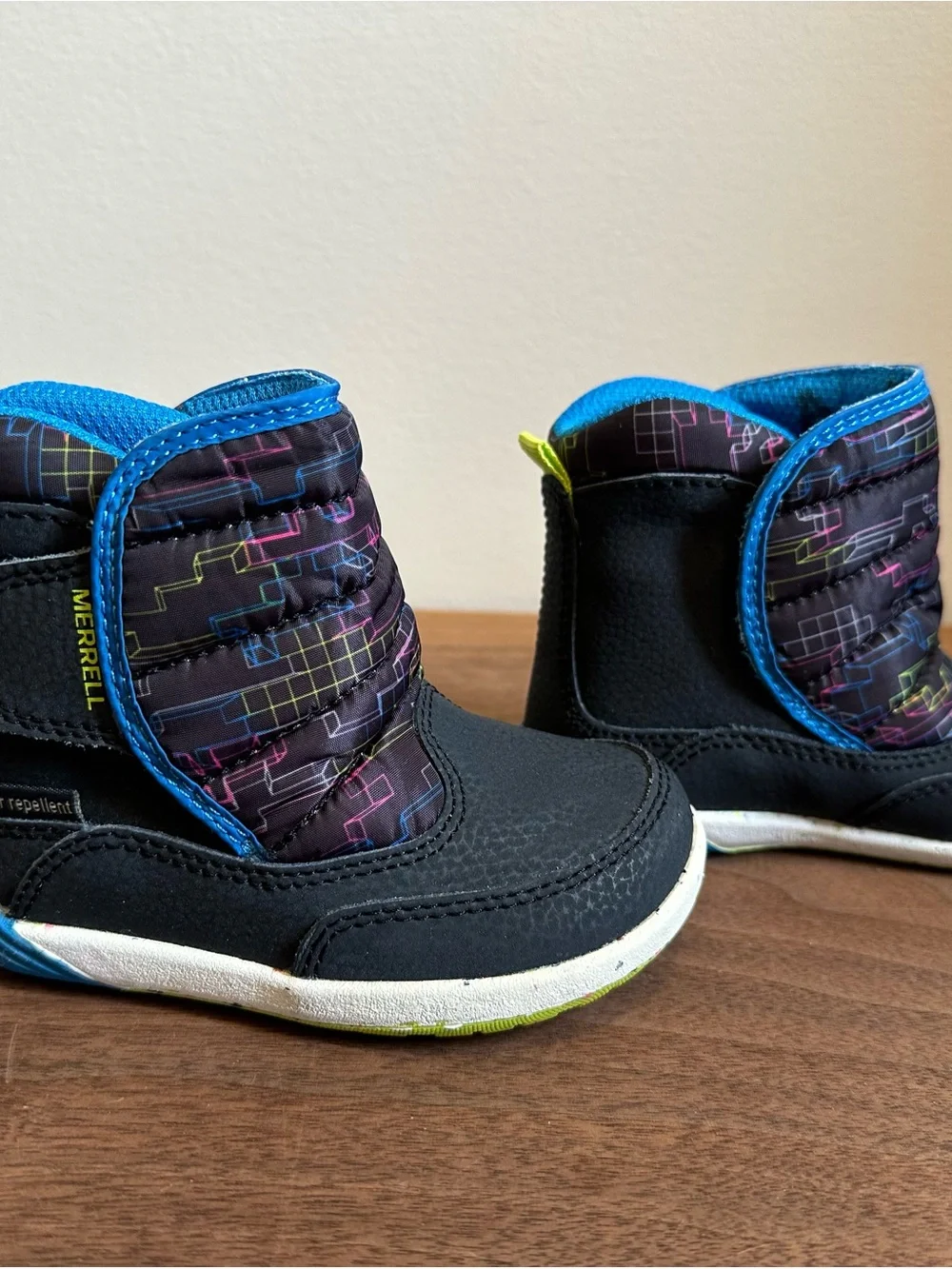 Merrell Kids Black Boots with Blue Trim and Neon Pattern